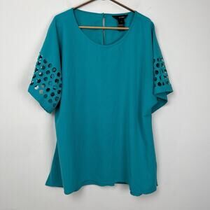 Ali Miles Shirt Women L Blue Green Teal Boxy Art‎ to Wear Eyelet Hexagon Cutout